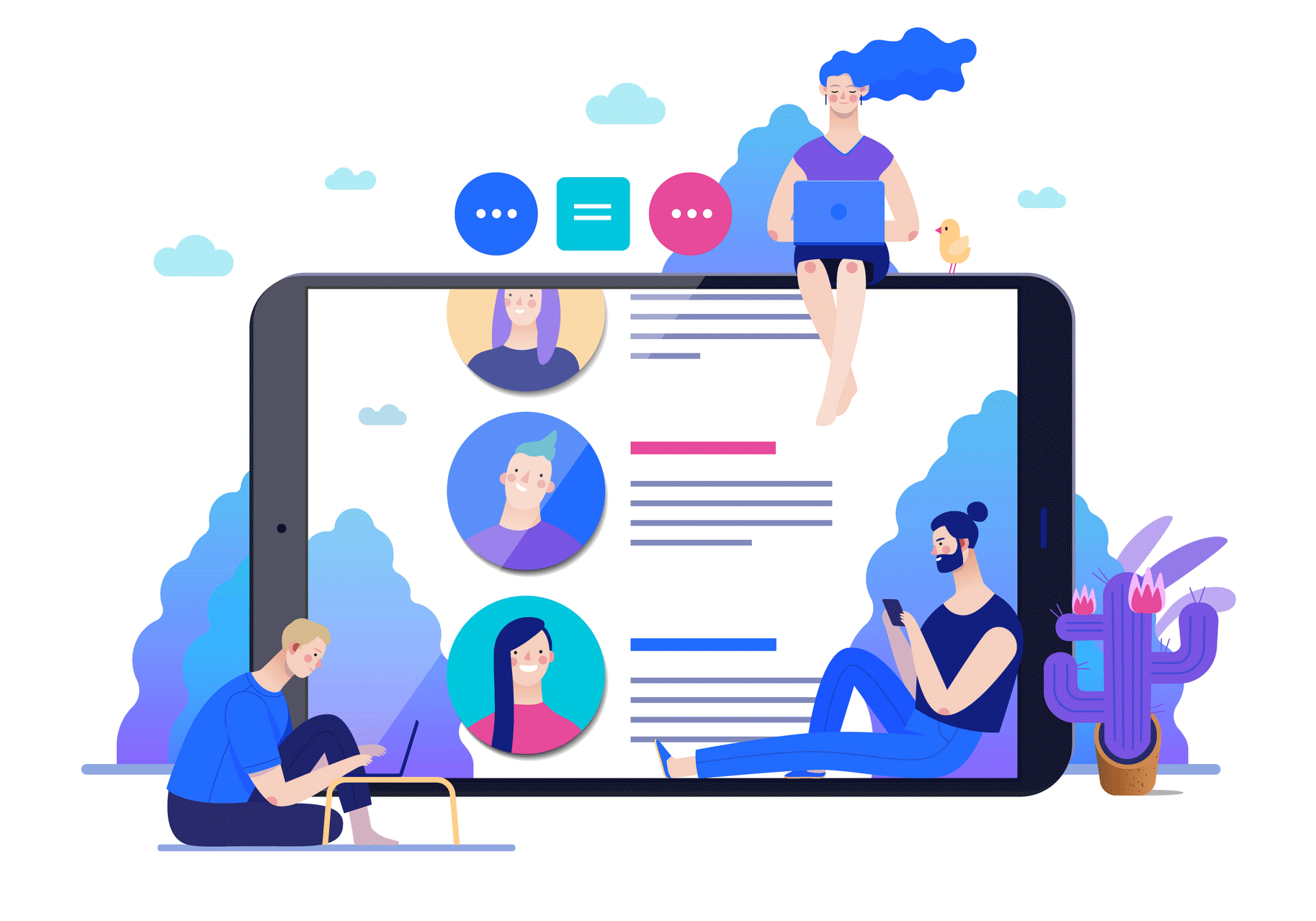 A graphic showing people using digital devices amidst social media icons and internet symbols. It represents an all-in-one business solution with marketing tools, agency management systems, and insurance tools, catering to your needs